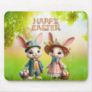 Tapis De Souris Mignonne, Whimsical Joyeuse Pâques avec 2 lapins