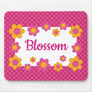 Tapis De Souris Mignonnes filles nom rose, fleurs jaunes plaid mot