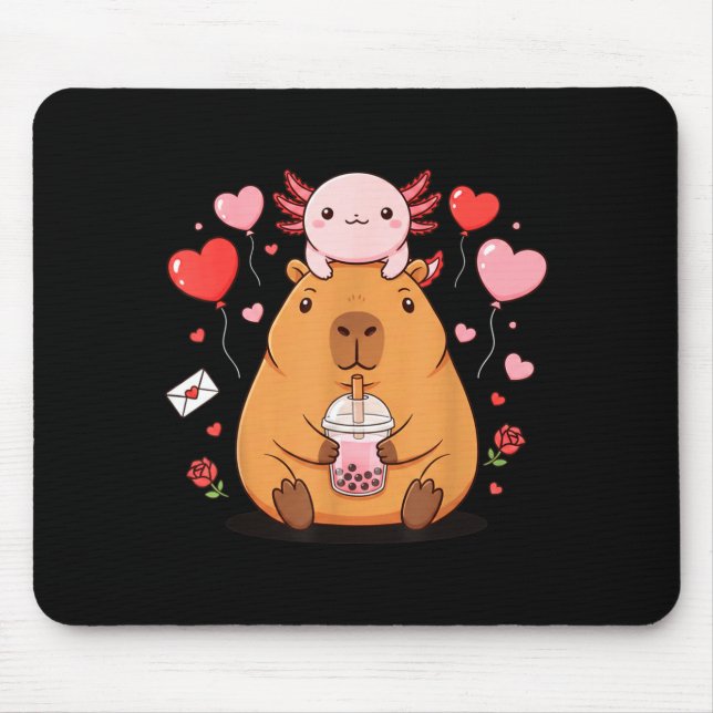 Tapis De Souris Mignons Kawaii Axolotl Capybara Bubble Tea Garçons (Devant)