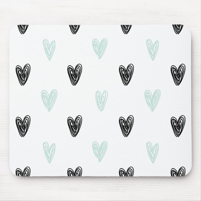 Tapis De Souris Mint & Coeurs noirs Doodles Motif Mousepad (Devant)