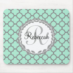 Tapis De Souris Mint Green Grey Quatrefol Nom Monogramme