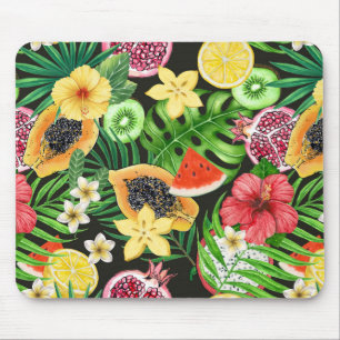 Tapis De Souris Mix-fruits tropicaux, fleurs et feuilles en noir