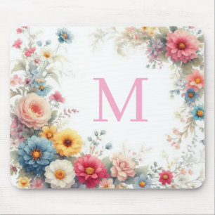 Tapis De Souris Modèle de fleurs aquarelles personnalisées Monogra