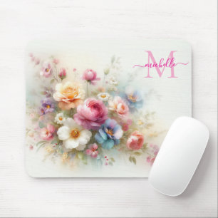 Tapis De Souris Modèle de monogramme et nom floral aquarelle perso