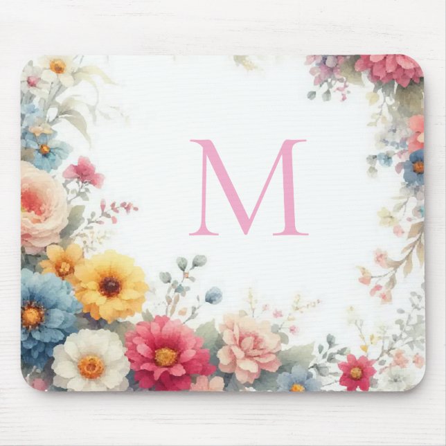 Tapis De Souris Modèle de monogramme floral aquarelle (Devant)