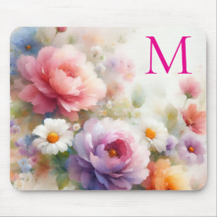 Tapis De Souris Modèle de monogramme floral aquarelle coloré