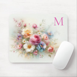Tapis De Souris Modèle de monogramme floral aquarelle coloré perso