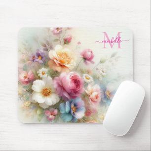Tapis De Souris Modèle de monogramme floral aquarelle personnalisé