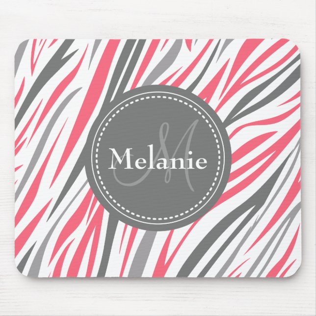 Tapis De Souris Modèle de zèbre rose et gris monogramme (Devant)