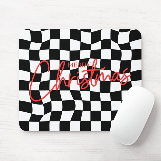 Tapis De Souris Modern black and white checkered Christmas (Avec souris)