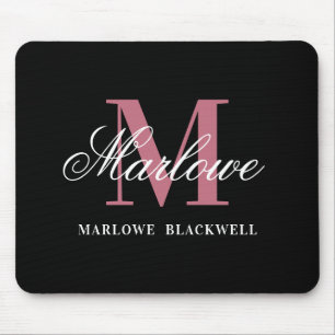 Tapis De Souris Modern Black Blush Pink Monogram Script Mouse Pad