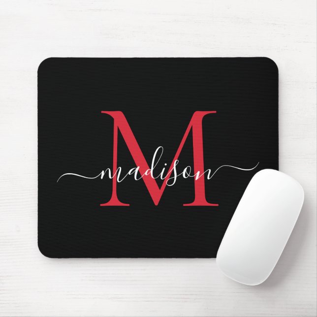 Tapis De Souris Modern Black Burgundy Red Monogram Girly Script (Avec souris)