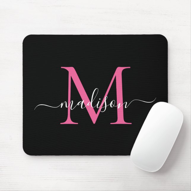 Tapis De Souris Modern Black Pink Monogram Elegant Girly Script (Avec souris)
