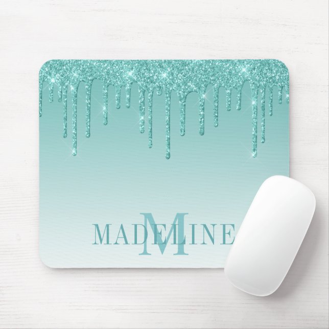 Tapis De Souris Modern Fashionable Teal Glitter Monogram (Avec souris)