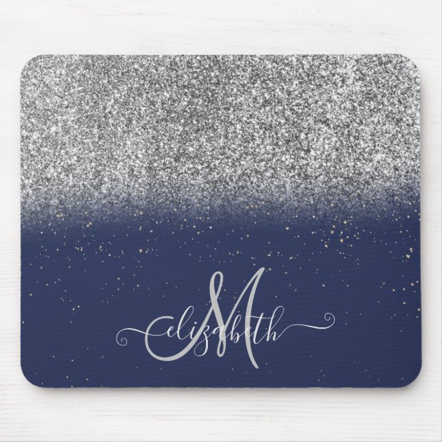 Tapis De Souris Modern Glitter Ombre Silver Monogram Navy Blue (Devant)