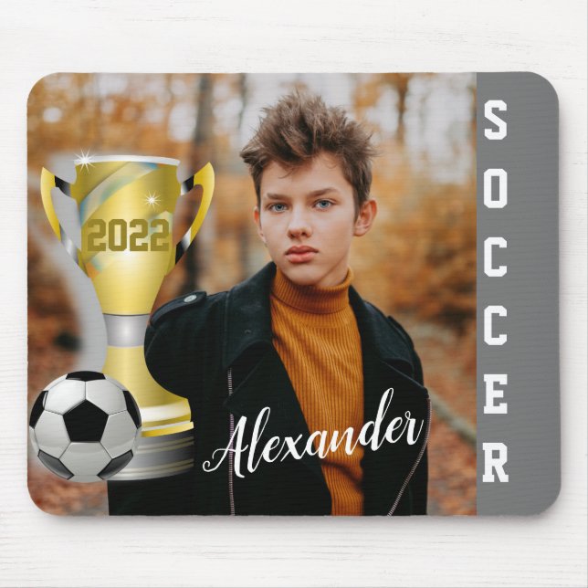 Tapis De Souris Modern Grey Soccer Sports Photo & Nom pour lui (Devant)