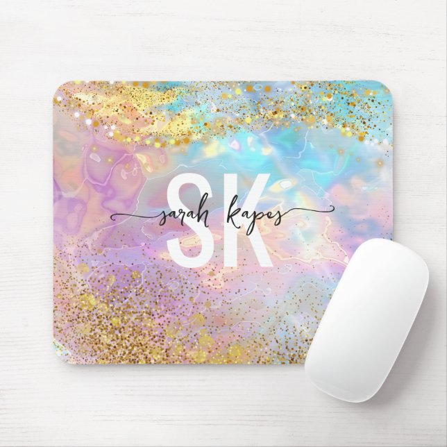 Tapis De Souris Modern holographic opal stone iridescent monogram  (Avec souris)