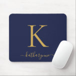 Tapis De Souris Modern Navy Blue Gold Monogram Script<br><div class="desc">Modern Elegant Gold Monogram Script on a chic navy blue mouse pad. Easy to customize with your own name and details. Perfect for your modern minimalist yet luxury lifestyle! Please contact us at cedarandstring@gmail.com if you need assistance with the design or matching products.</div>