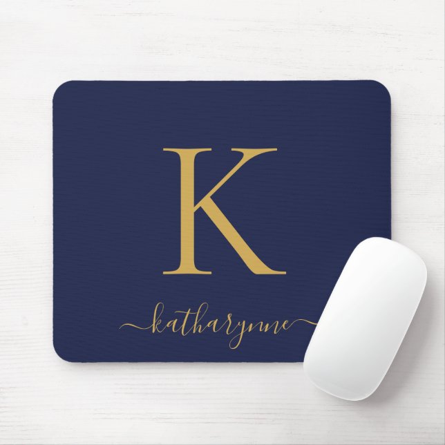 Tapis De Souris Modern Navy Blue Gold Monogram Script (Avec souris)