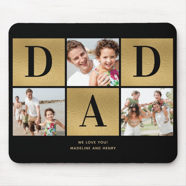 Tapis De Souris Modern Photo Collage Dad Black Gold Mouse Pad (Devant)
