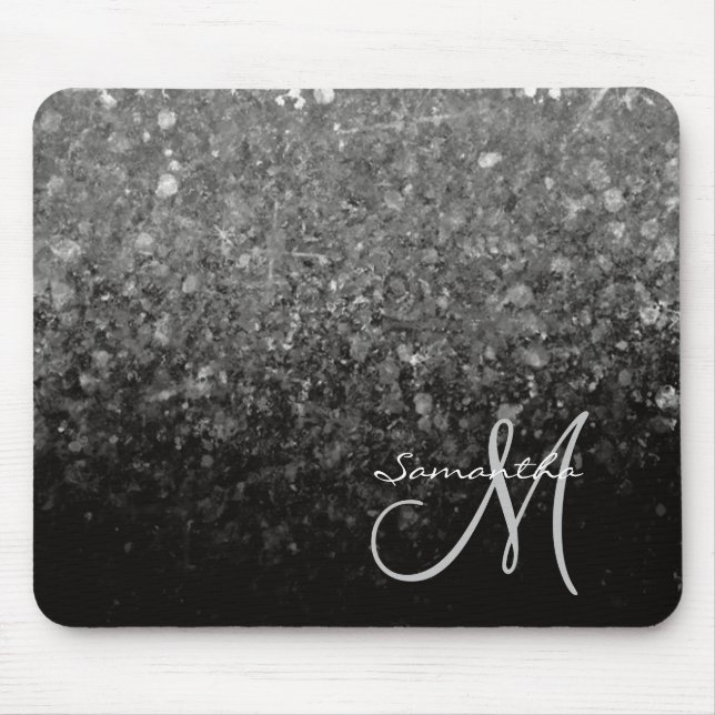 Tapis De Souris Modern Silver & Black Glitter Ombre Monogram  (Devant)
