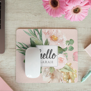 Tapis De Souris Modern Watercolor Pink Flowers & Hello & Nom
