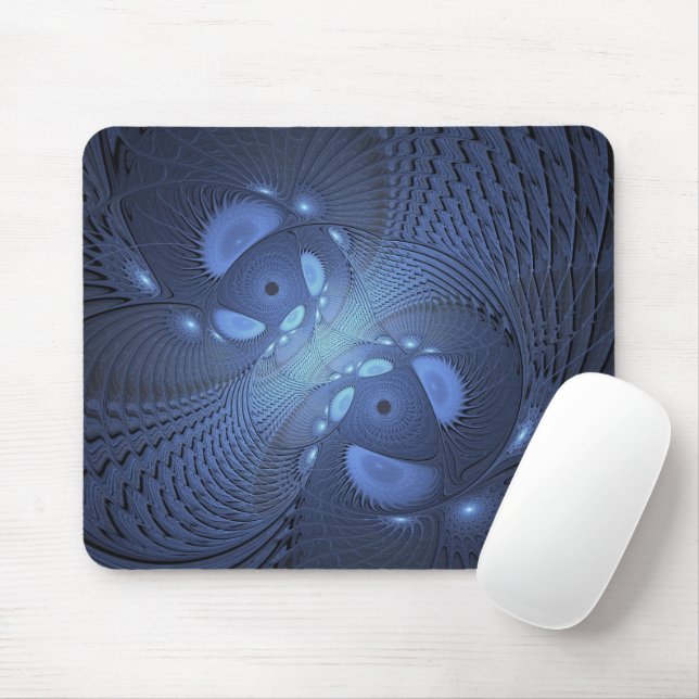 Tapis De Souris Moderne Abstrait tendance Dusk Blue Fractal Art (Avec souris)