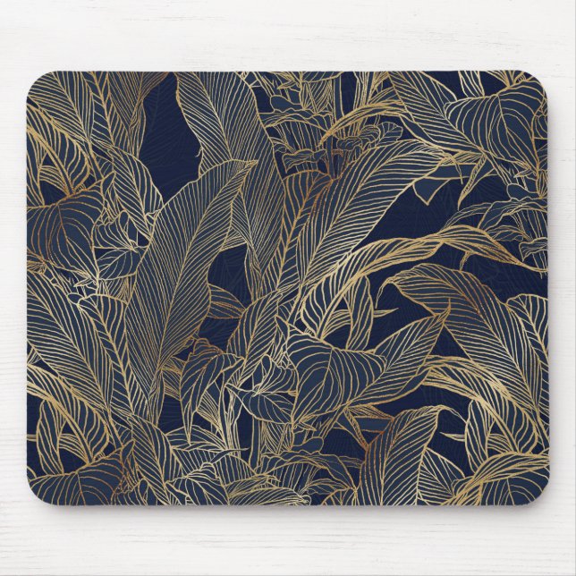 Tapis De Souris Moderne Blue Gold Foliage Plante Design botanique (Devant)