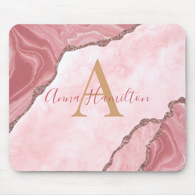 Tapis De Souris Moderne Elégant rose pâle Agate Géode Monogramme (Devant)