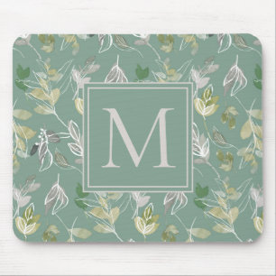 Tapis De Souris Moderne Elégant Sage Vert Argent Feuille Monogramm