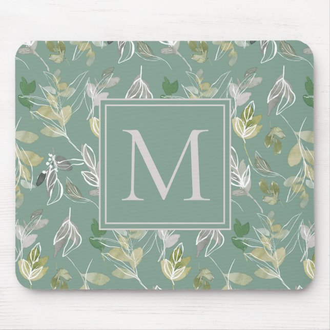 Tapis De Souris Moderne Elégant Sage Vert Argent Feuille Monogramm (Devant)