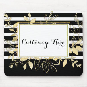 Tapis De Souris Moderne feuilles botaniques noir or Glamour Chic