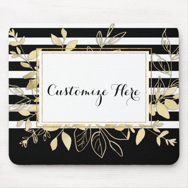 Tapis De Souris Moderne feuilles botaniques noir or Glamour Chic (Devant)