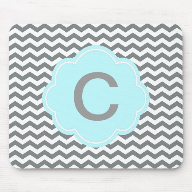 Tapis De Souris moderne gris, monogramme chevron blanc (Devant)
