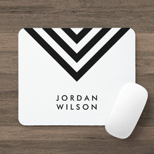 Tapis De Souris Moderne minimaliste blanc et noir chevron géométri