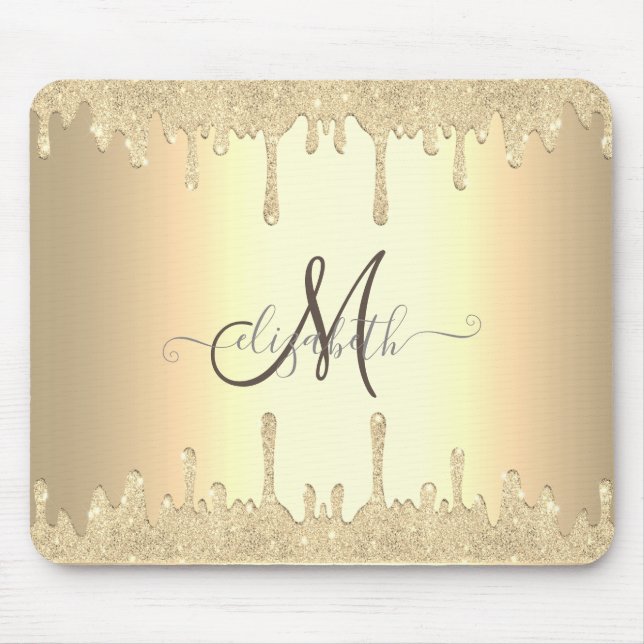 Tapis De Souris Moderne Monogramme Doré avec Gouttes de Paillettes (Devant)