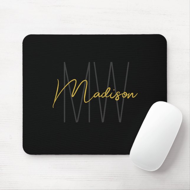 Tapis De Souris Moderne Monogramme Nom Script Noir Or (Avec souris)