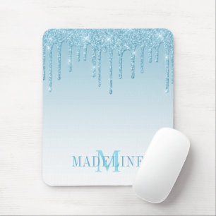 Tapis De Souris Moderne Pailleté Monogramme Bleu Clair Élégant