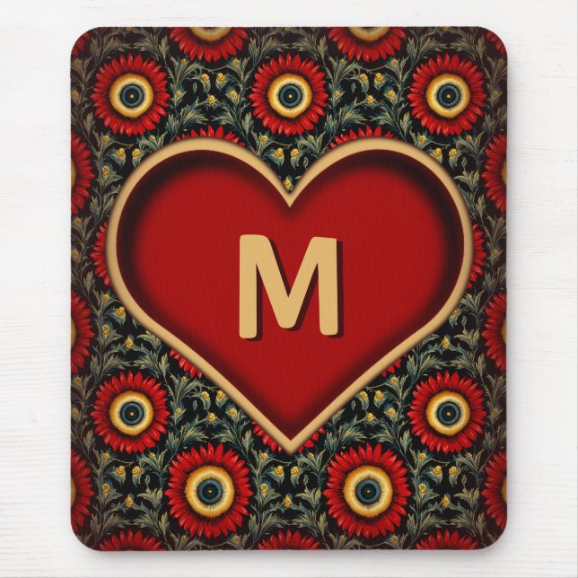Tapis De Souris Moderne Vintage Monogramme Coeur Mousepad (Devant)