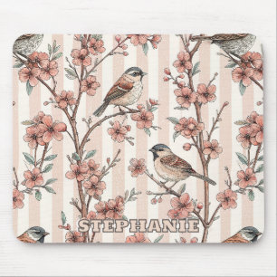 Tapis De Souris Moineau asiatique Fleur de cerisier Rayures de pêc