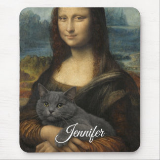 Tapis De Souris Mona Lisa Holding Elegant Gray Cat                