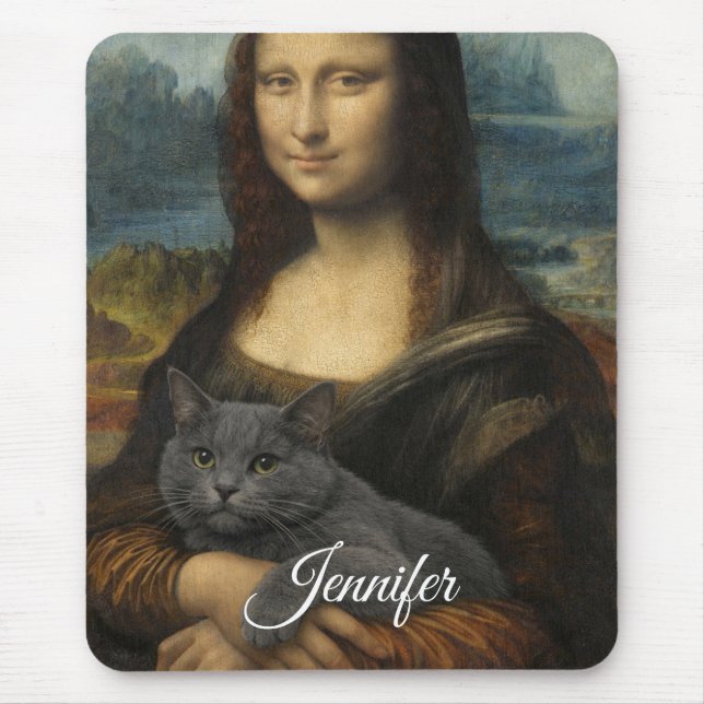 Tapis De Souris Mona Lisa Holding Elegant Gray Cat                 (Devant)
