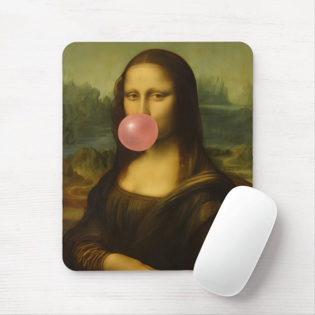 Tapis De Souris Mona Lisa soufflant de bulle rose (Avec souris)