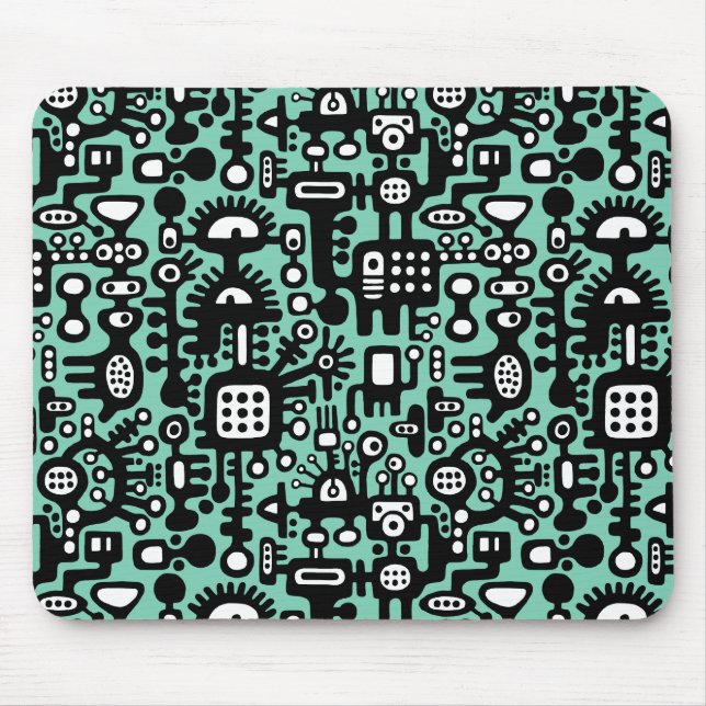 Tapis De Souris Monde mécanoïaque - Noir et blanc avec vert clair (Devant)