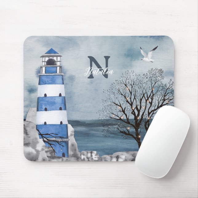 Tapis De Souris Monogram Blue Lighthouse aquarelle Art (Avec souris)