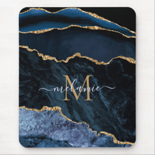 Tapis De Souris Monogram Name Agate Navy Blue Gold Gemstone Marble