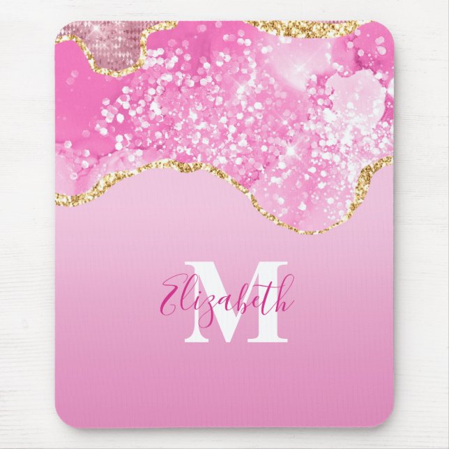 Tapis De Souris Monogram Name Initial Pink Gold Glam Glitter  (Devant)