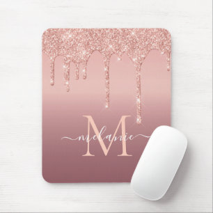 Tapis De Souris Monogram Name Text Rose Gold Blush Glitter Drips