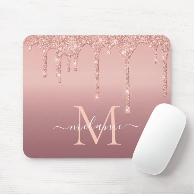 Tapis De Souris Monogram Name Text Rose Gold Blush Glitter Sparkle (Avec souris)