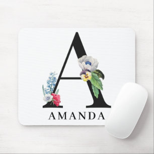 Tapis De Souris Monogramme A Alphabet Floral Personnalisé 